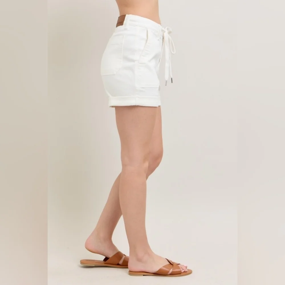 Judy Blue High Rise Jogger Denim Shorts Cuffed Tie Waist White Stretch S-3XL NEW - Picture 7 of 15